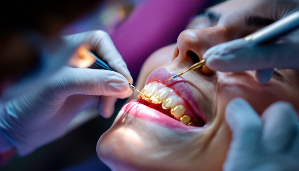 Gold dental veneer restoration showing metallic finish and custom tooth shape