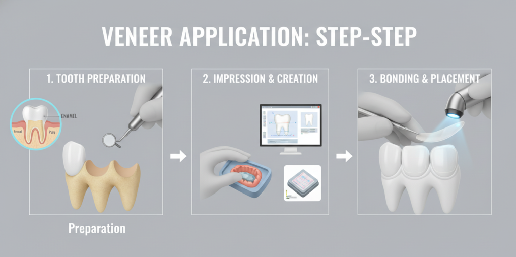 Step-by-step veneer application process: tooth preparation, digital impression, and bonding — Clinica Viena, Medellín
