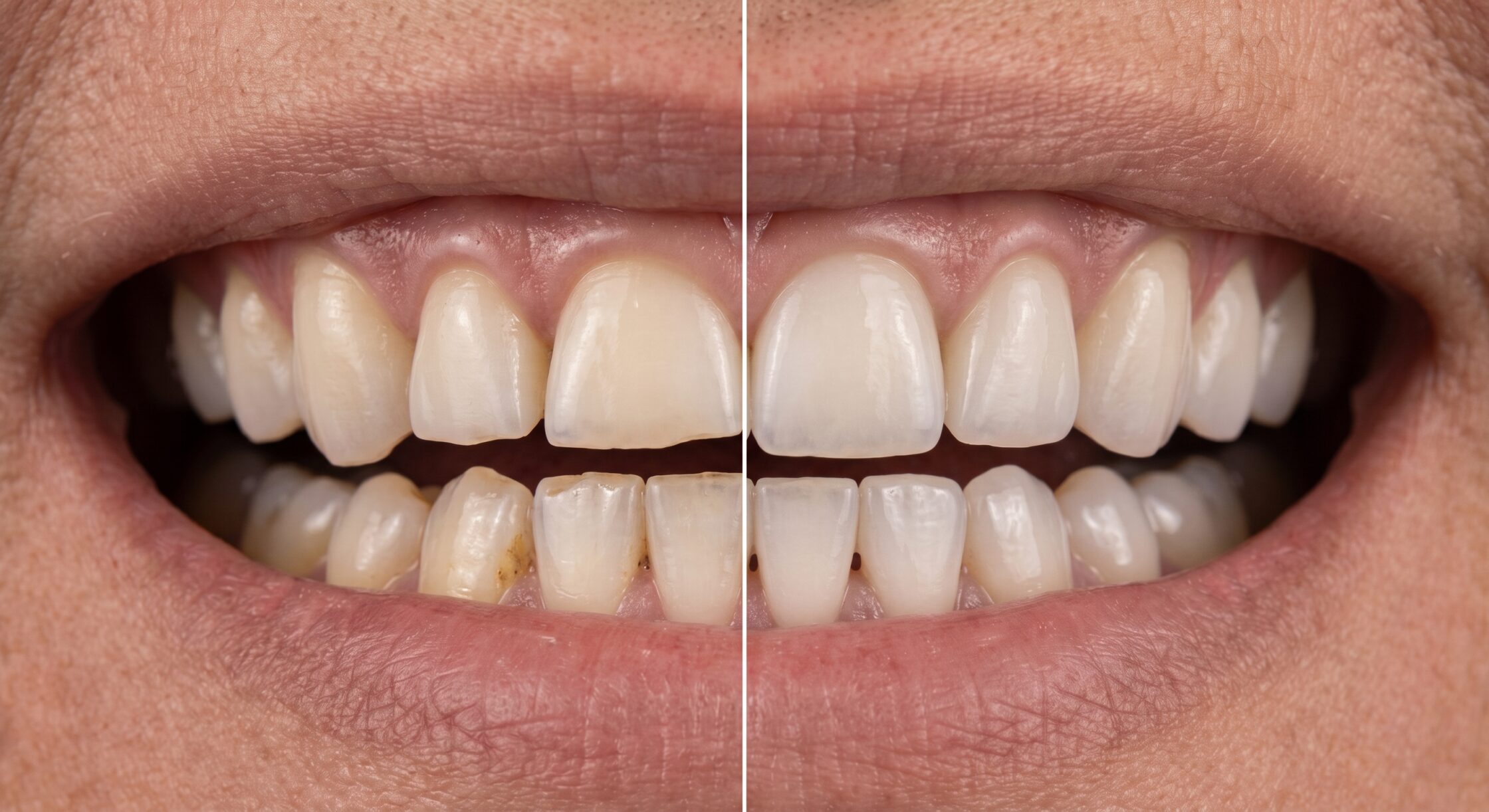 Veneers and bruxism: smile before and after, worn uneven front teeth on one side and a restored smile on the other